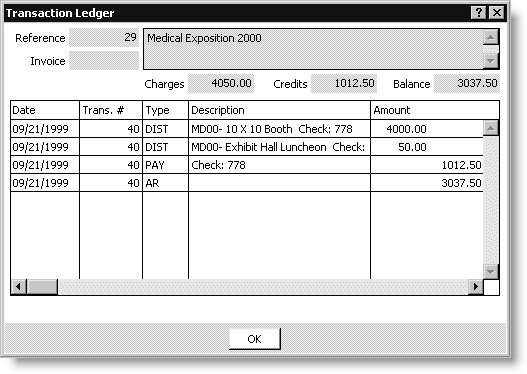 From Exposition, select View exhibitor information, open an exposition, double-click an exhibitor, click More, select AR Ledger, and double-click a transaction