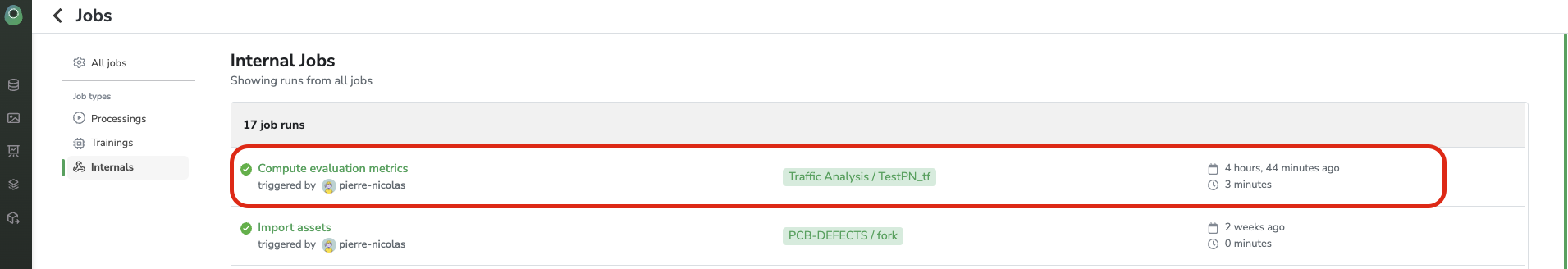 Internals `Jobs`view