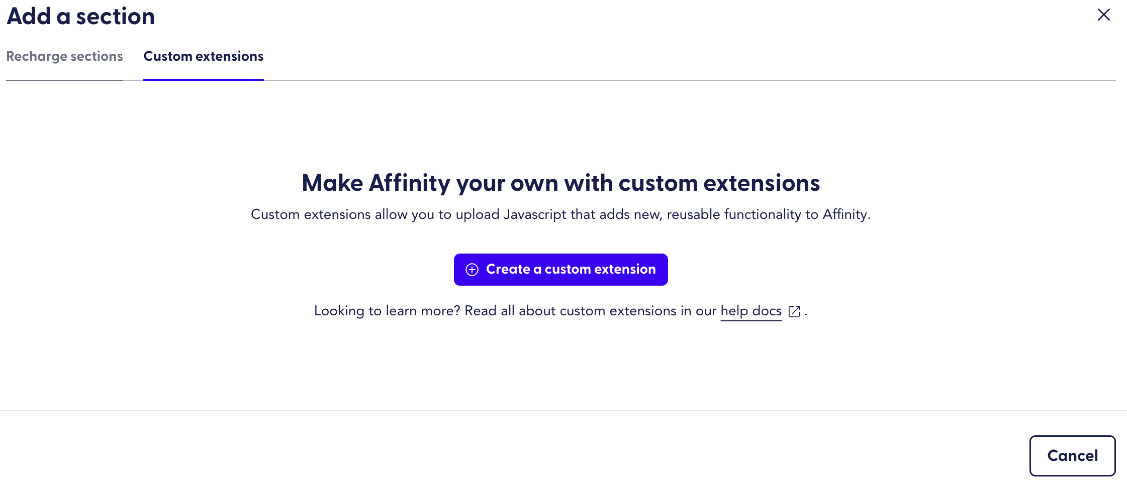 The custom extensions tab in the Affinity Home Page Builder