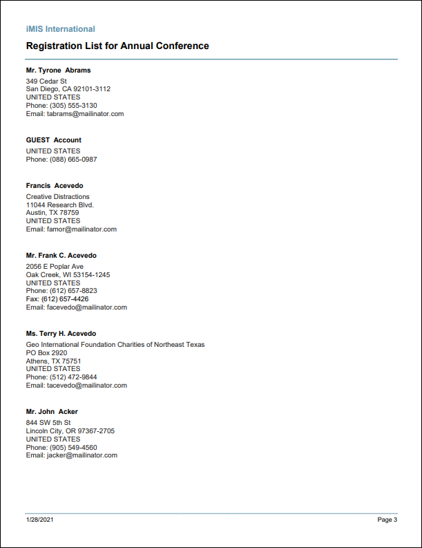 Viewing the Registration List report example