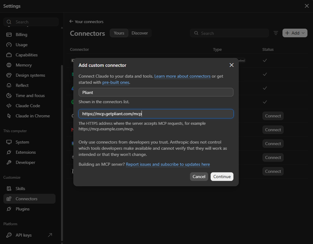 Connector name and server URL