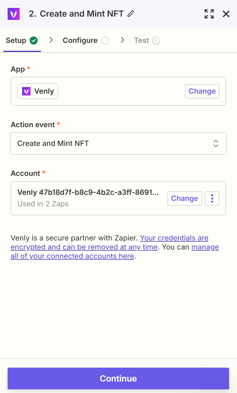 Connecting Venly account with Zapier