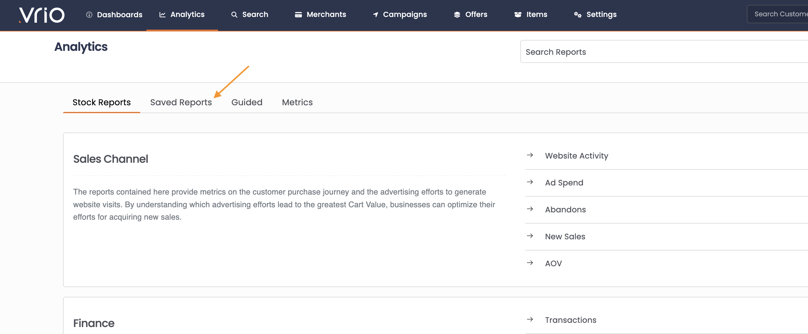 Saved Reports section in Analytics