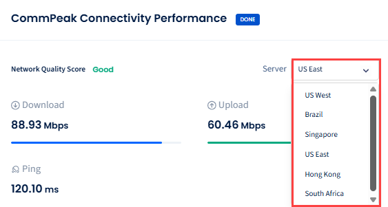 Screeenshot of the drop-down list of CommPeak servers