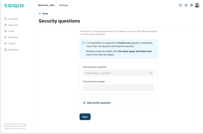 SCA Questions form in the User Settings section