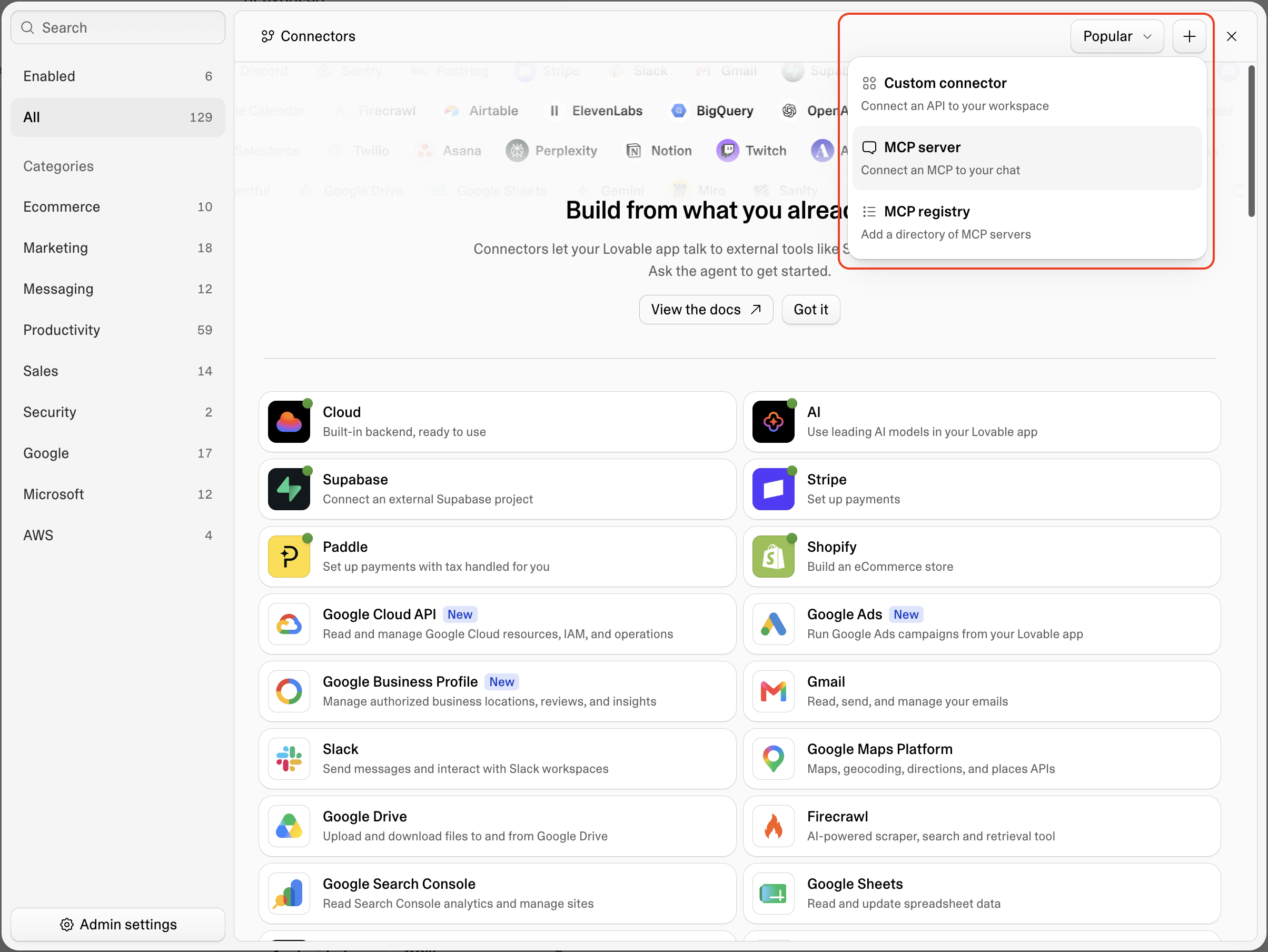 Lovable Connectors UI