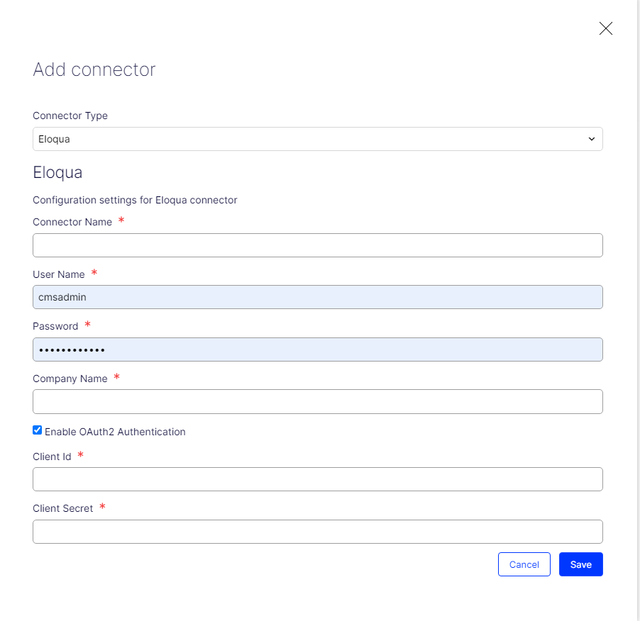 Screenshot of the Eloqua connector configuration settings where entering account credentials and OAuth options