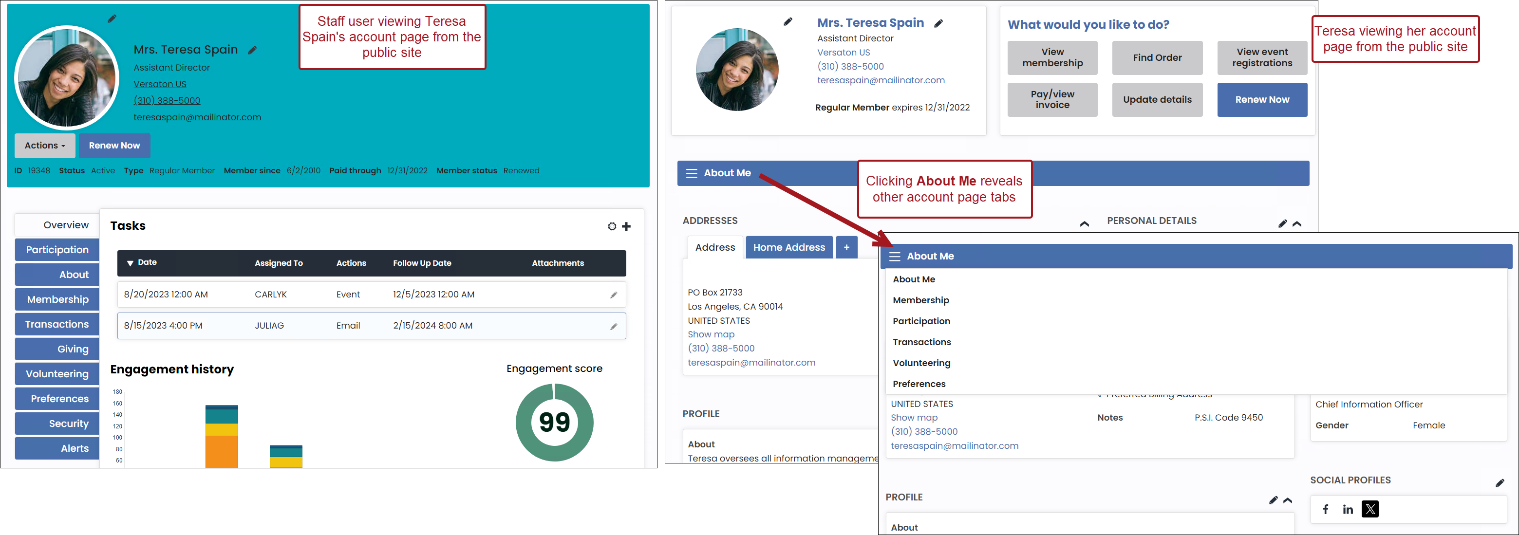 Staff viewing an account page versus public user viewing their own account page