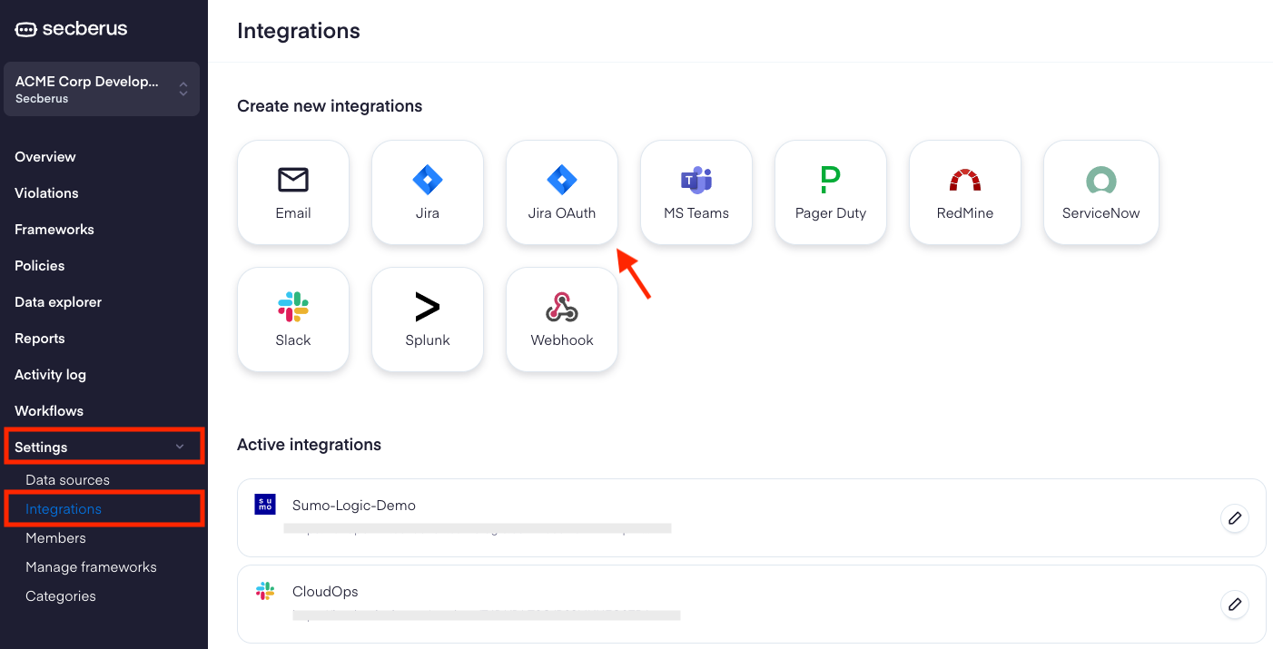 Navigate to 'Settings' -> 'Integrations' and select "Jira OAuth"