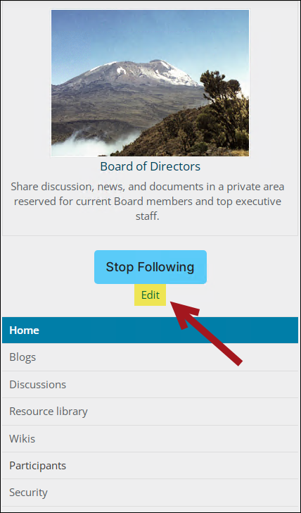 Edit link on community home page.