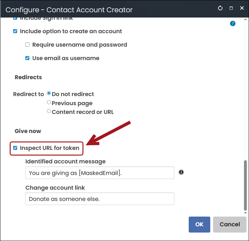 Enalbing "Inspect URL for token" on contact account creator