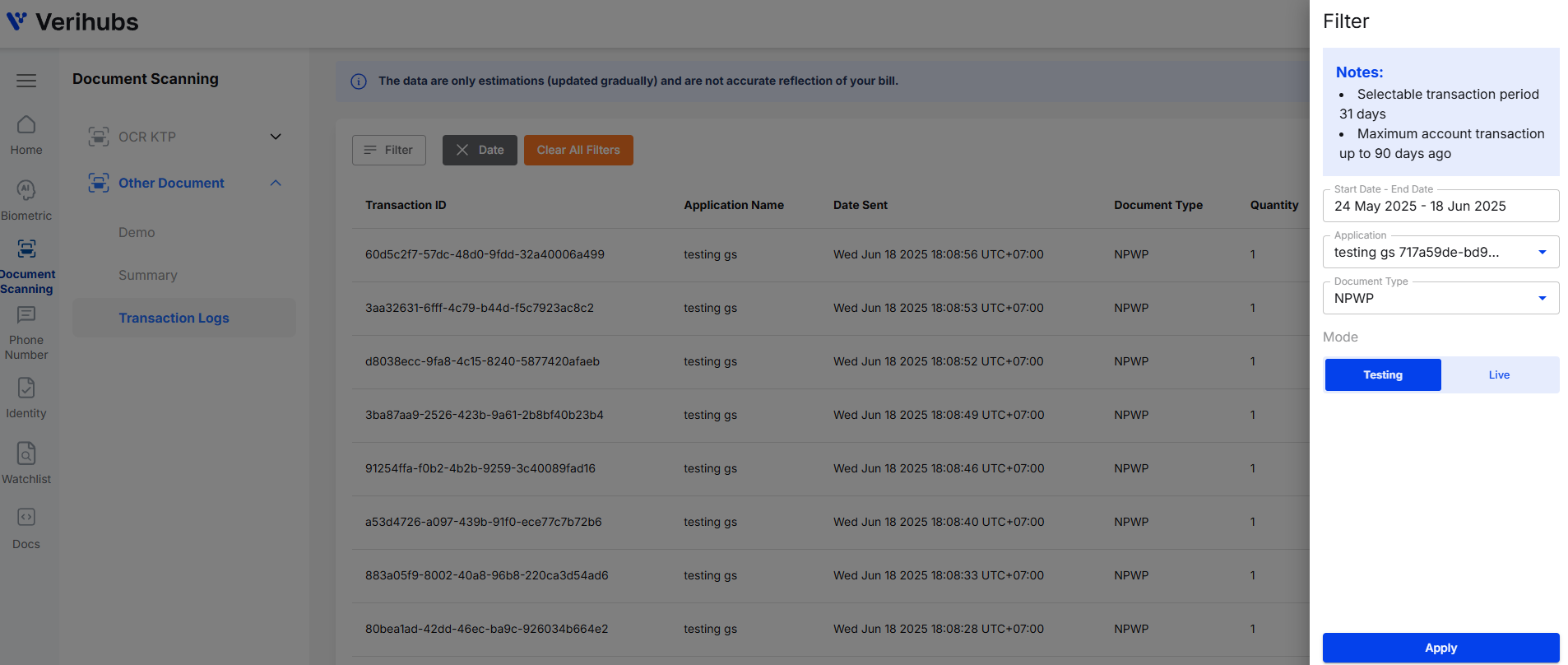 Filter for Transaction Log OCR Document