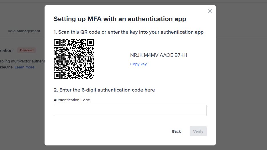 The Setting up MFA with an authentication app modal.