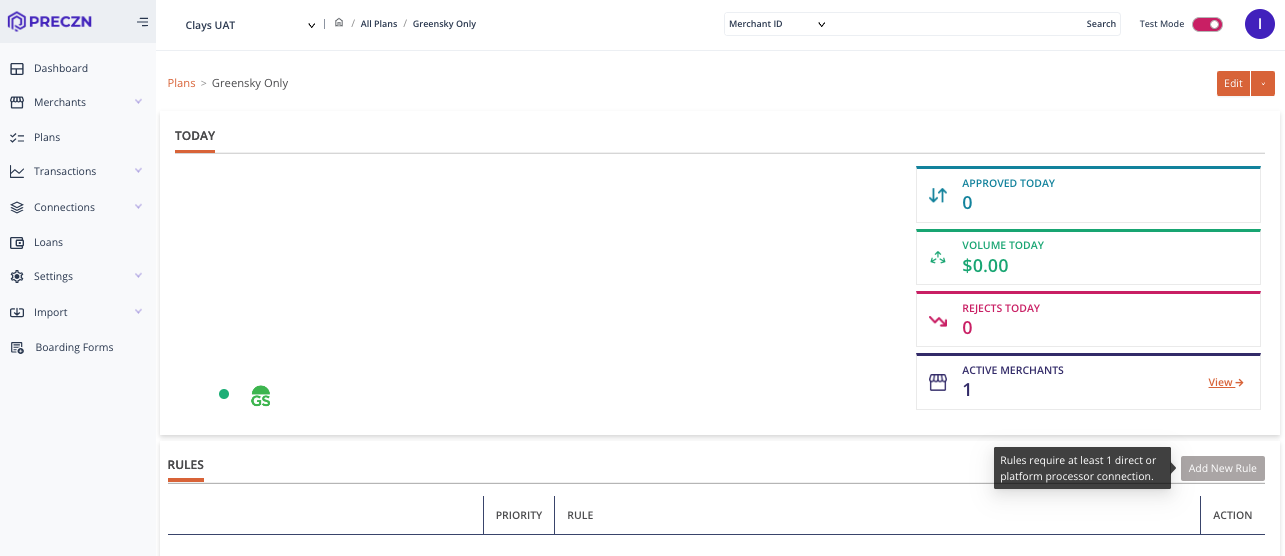 Plan with out Lending Connection.  Notice rules are disabled.