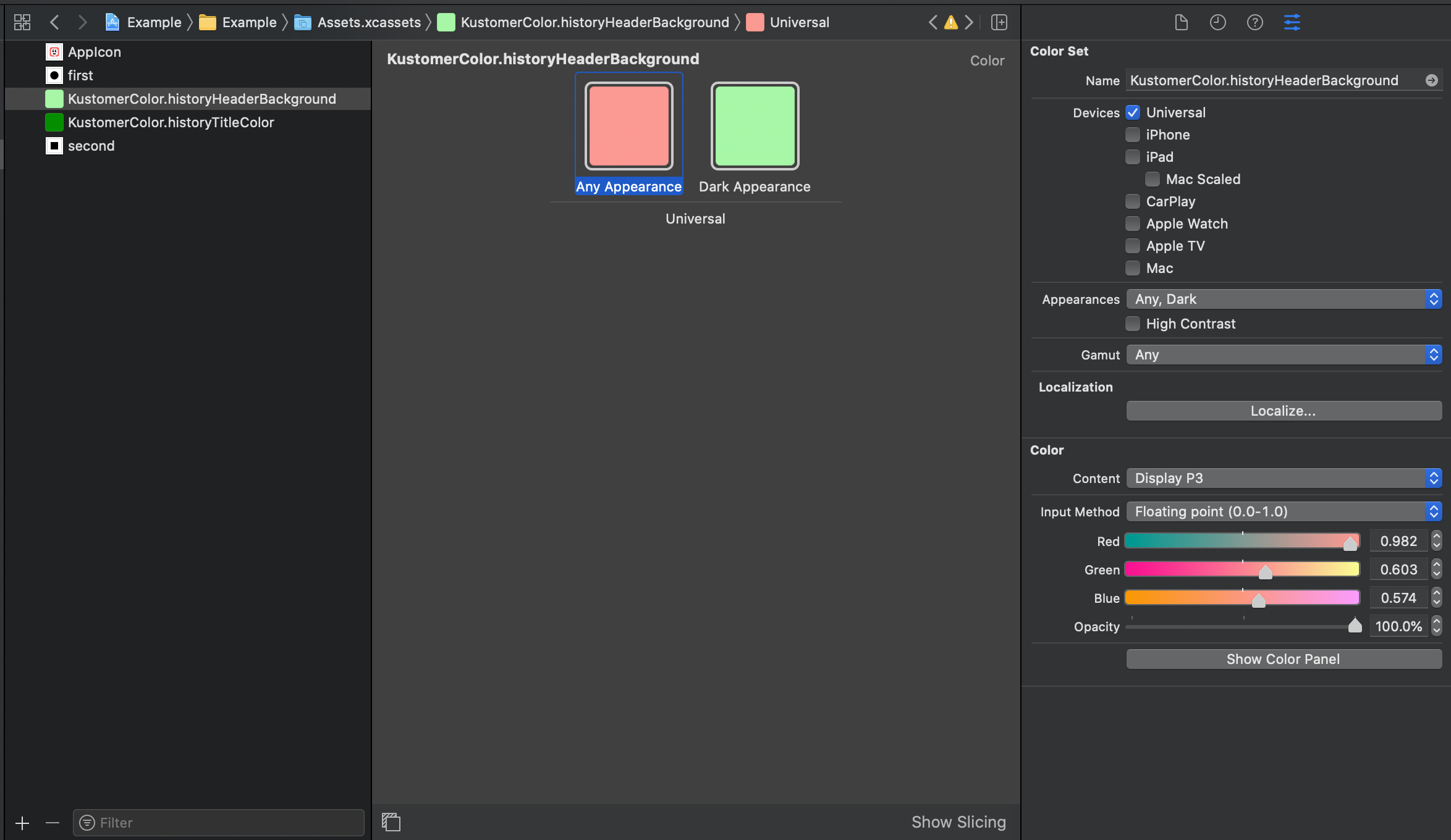 Color set named `KustomerColor.historyHeaderBackground` in Xcode asset catalog. This color set specifies the header background of the chat history view.