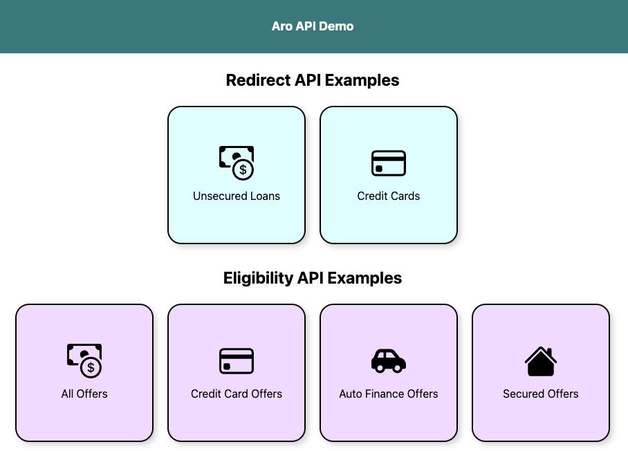 Demo menu page allowing easy access to each API journey