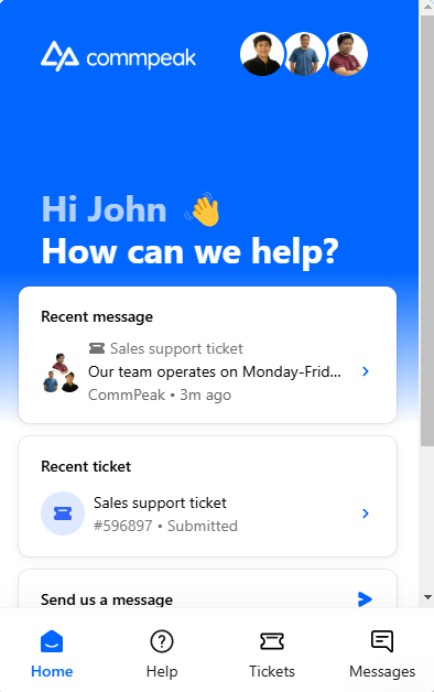 Screenshot of reviewing tickets in the CommPeak Help and Support Widget