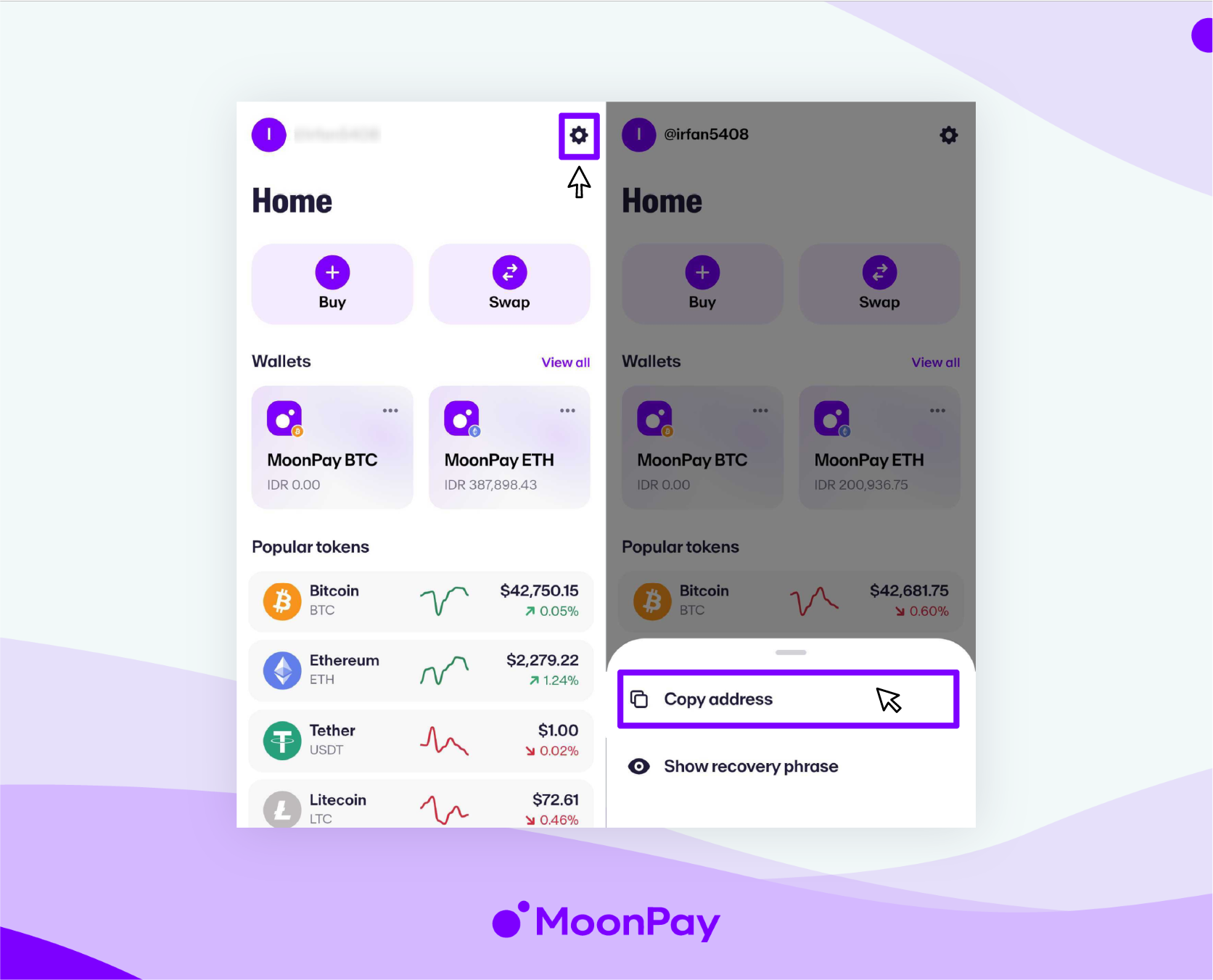Steps 2-3 on MoonPay's mobile app on how to copy the address.
