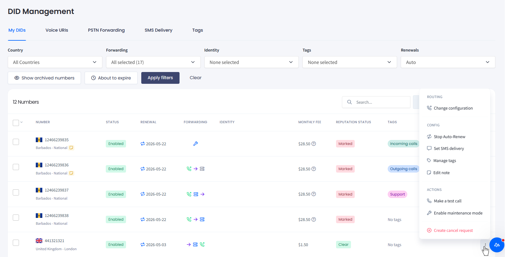 Screenshot of the action options button