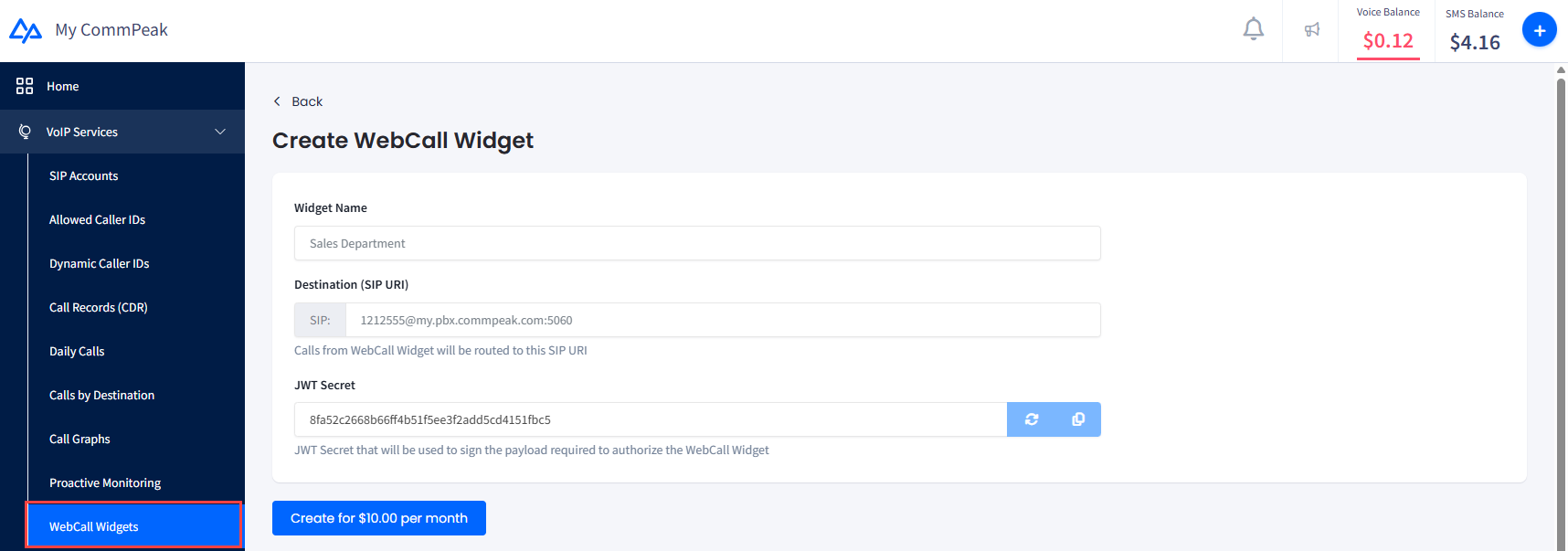 Screenshot of the WebCall Widget Creation form