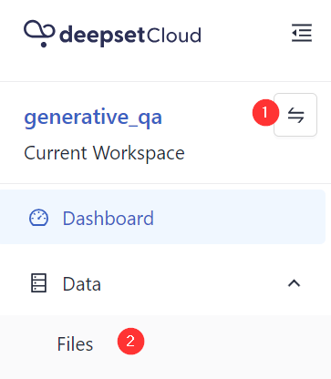 Navigation bar in deepset Cloud with the workspace switch marked as number one and the files option marked as number two.