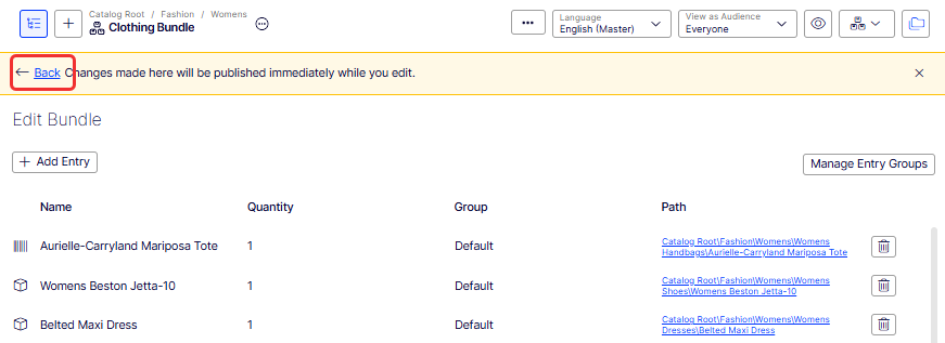 Screenshot of a completed bundle showing all added entries in Commerce Connect.