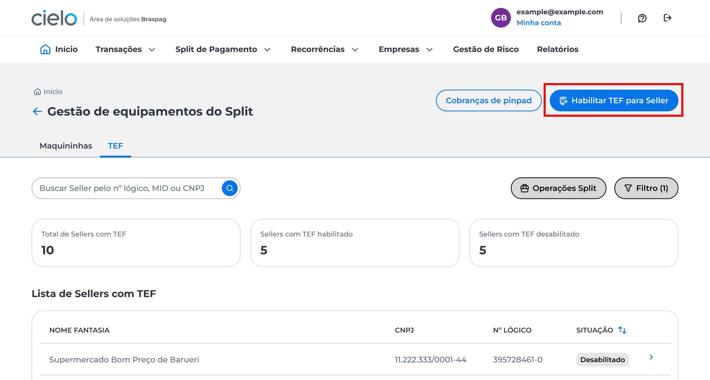 Clique em **Habilitar TEF para Seller**