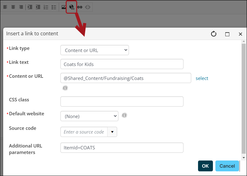 Insert a link to content window