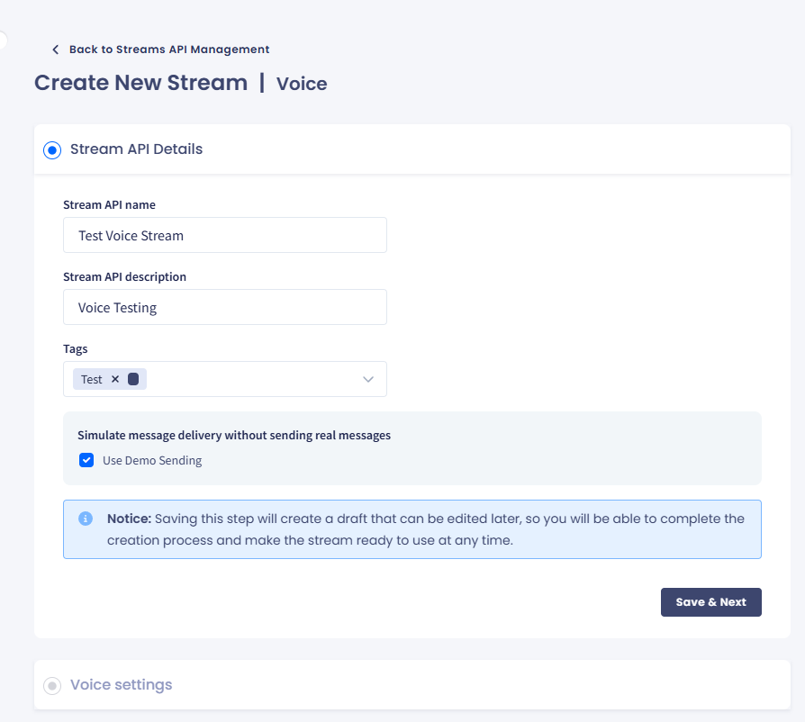 Screenshot of the Create New Stream Voice page
