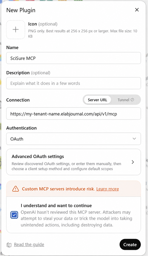 ChatGPT New Plugin dialog configured for the SciSure MCP server URL and OAuth