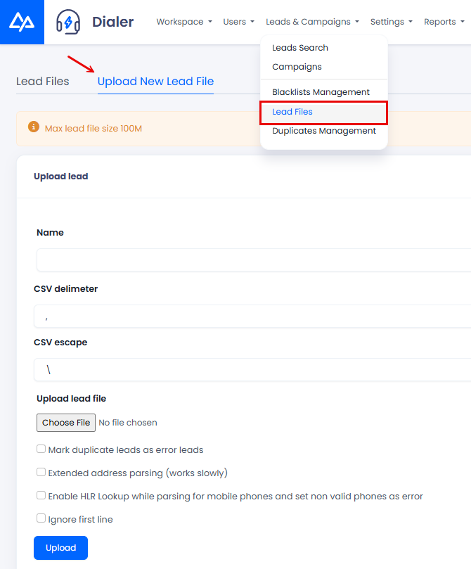 Screenshot of the Upload New Lead File tab