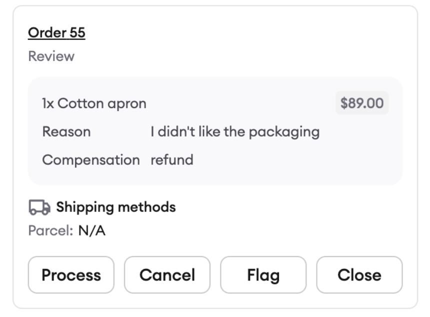 Return in review. It can’t be processed or closed until it’s been manually reviewed by an agent in Admin Panel. It can be cancelled.