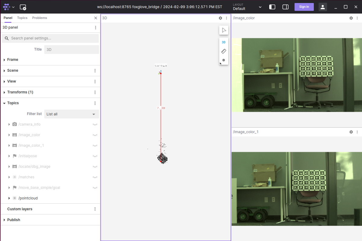 screenshot showing sparse pointcloud  topic displayed with Foxglove