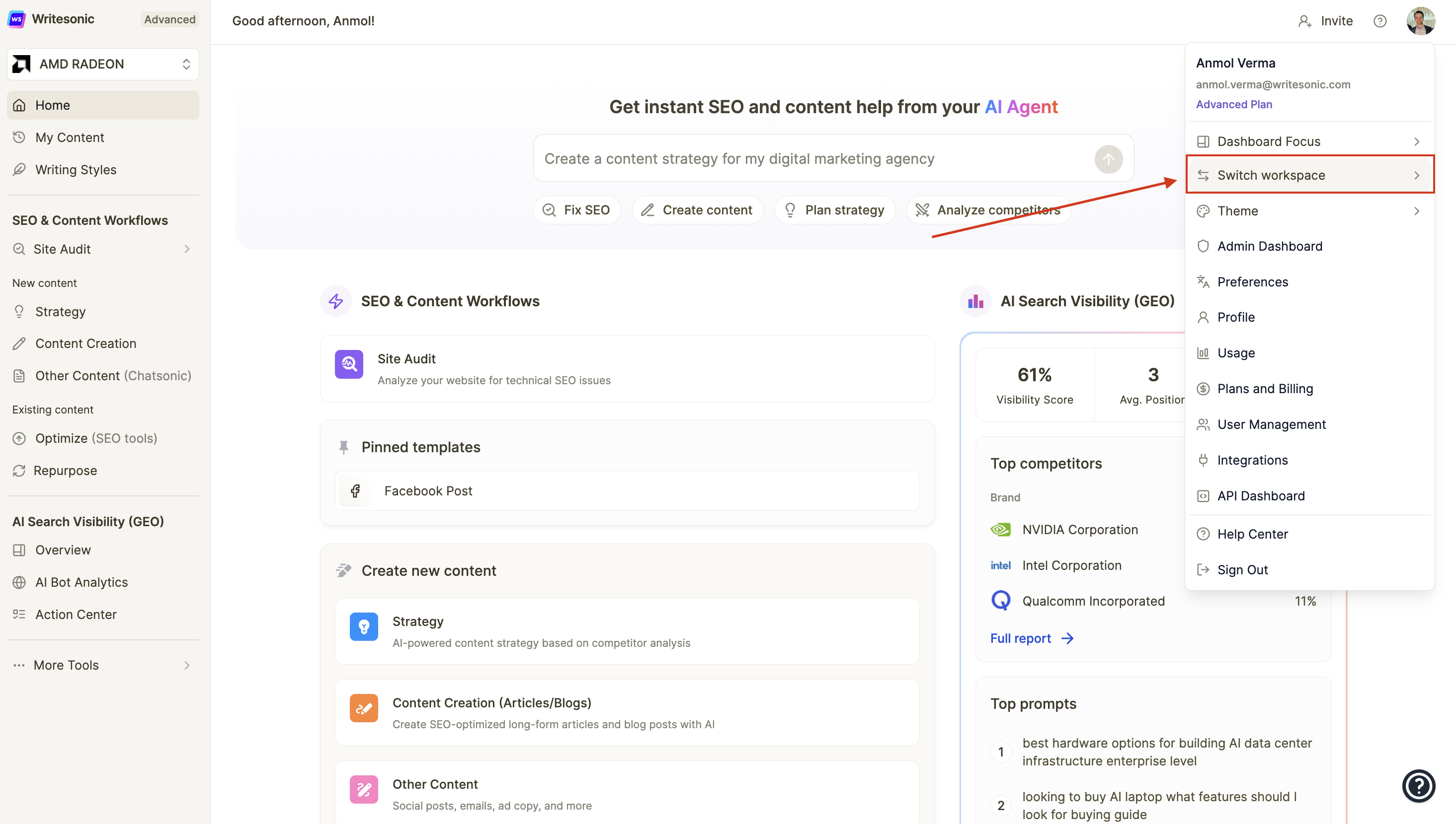 Profile menu showing account options