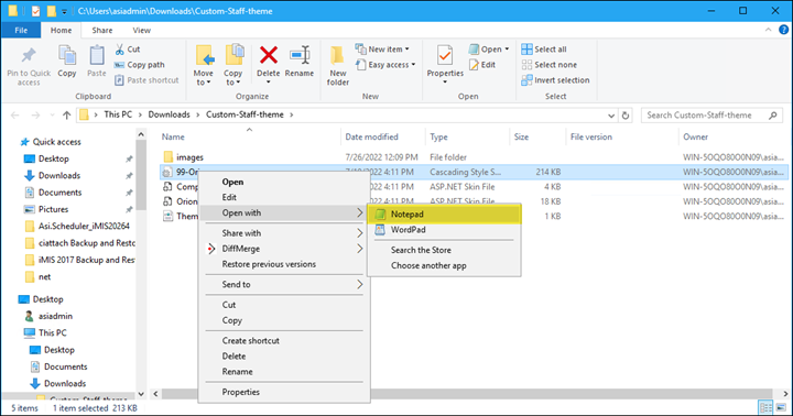 Locating the stylesheet and opening it in Notepad