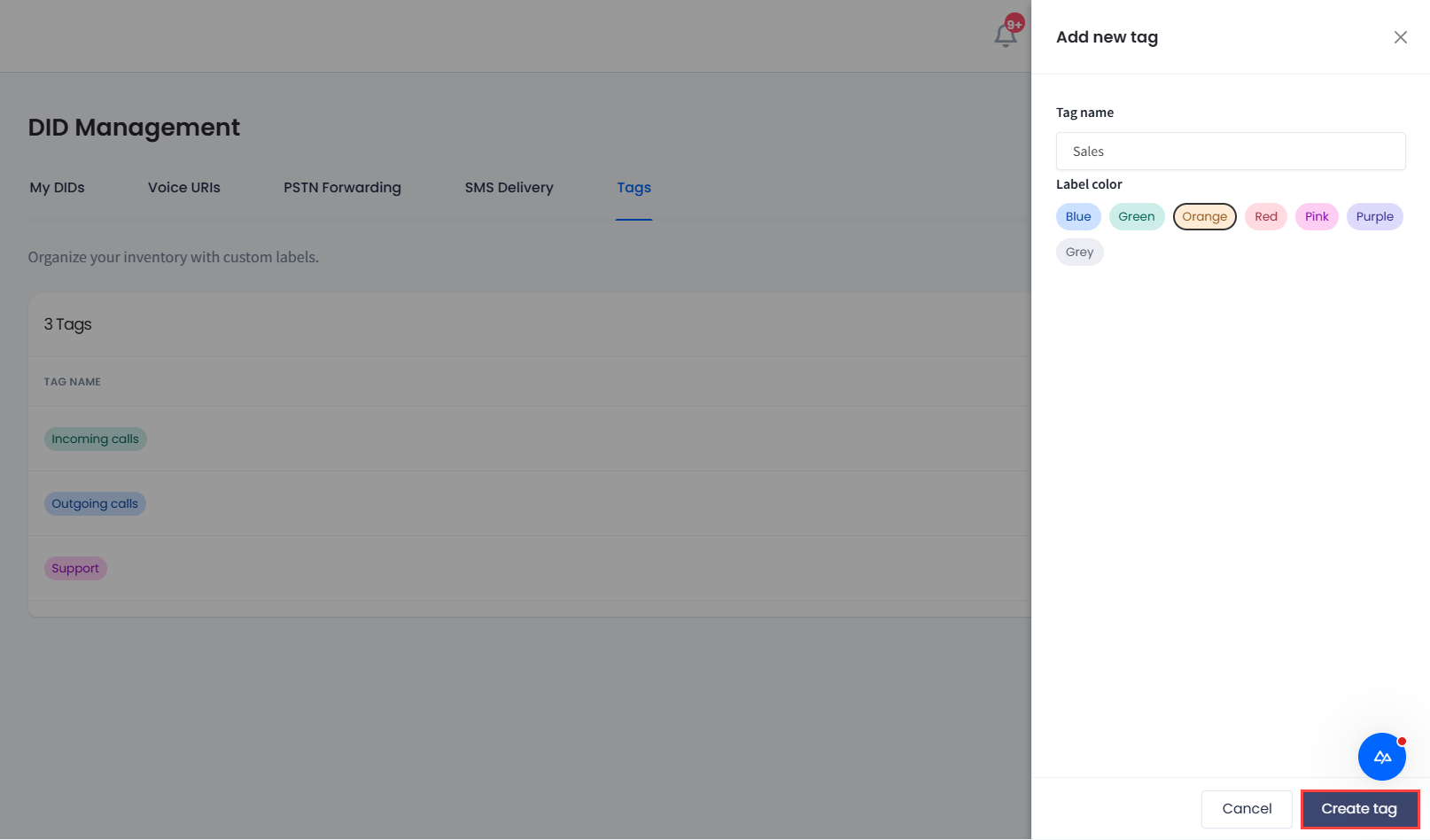 Screenshot of creating a DID tag