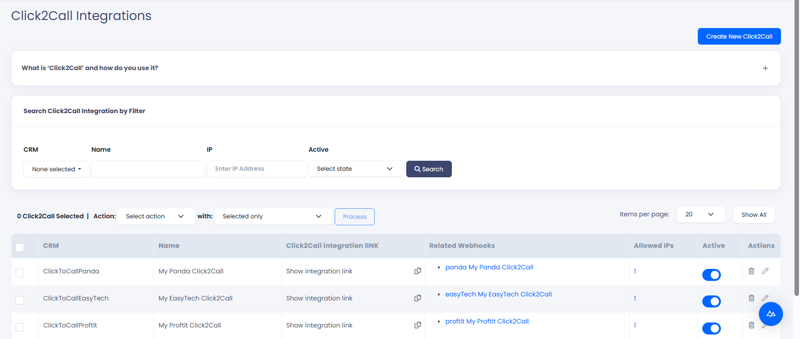 Screenshot of the Click2Call Integrations page