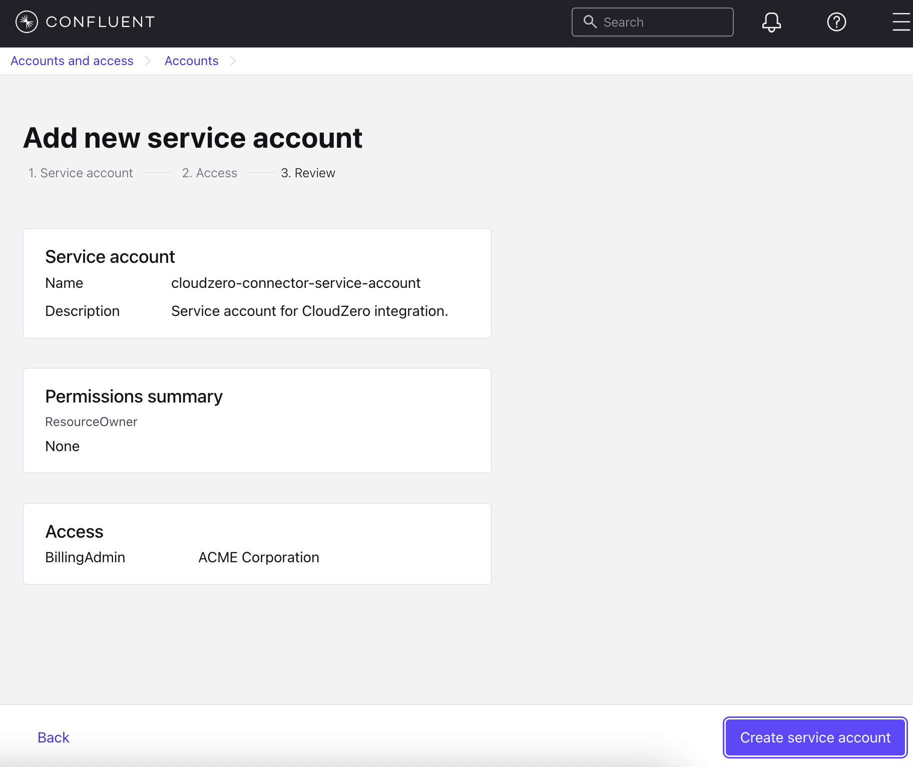Review the service account information in Confluent before clicking the "Create service account" button.