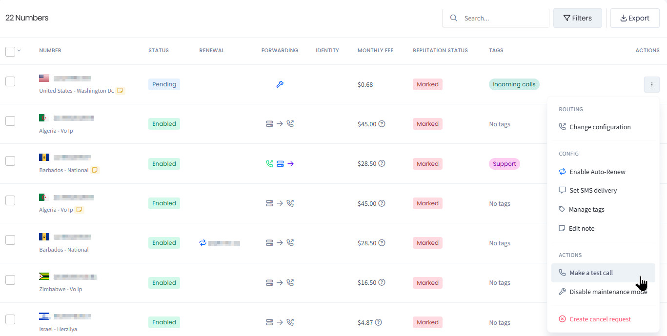 Screenshot of the make a test call action selected