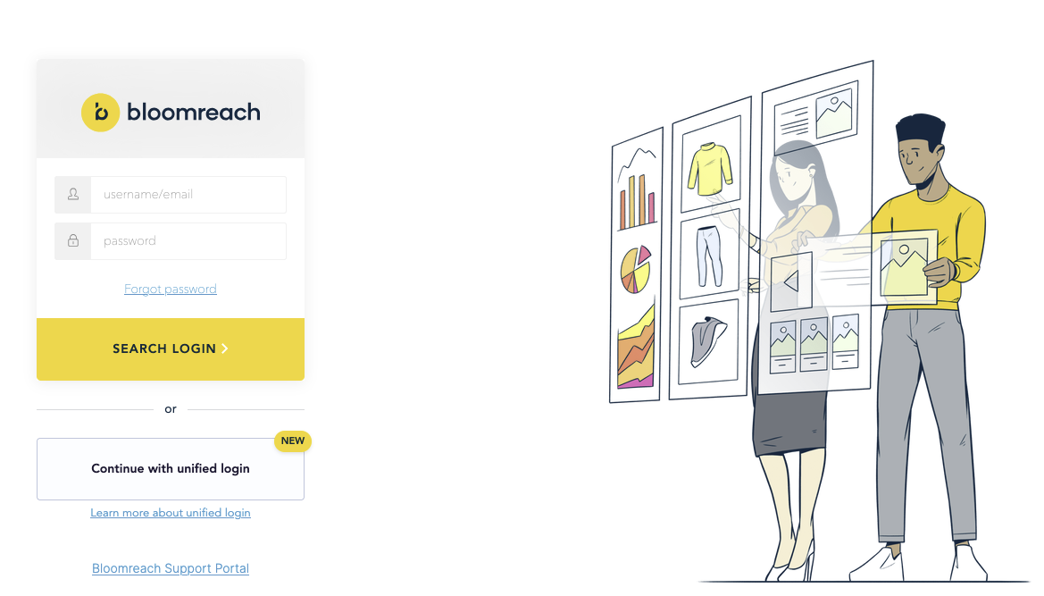 Migration screen showing password reset prompt with illustrated figures holding mobile devices and login form with username and password fields