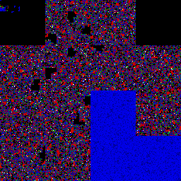Binary image of an ordinary compiled program, showing textured code regions, solid black padding blocks, and one solid blue region where its strings are stored