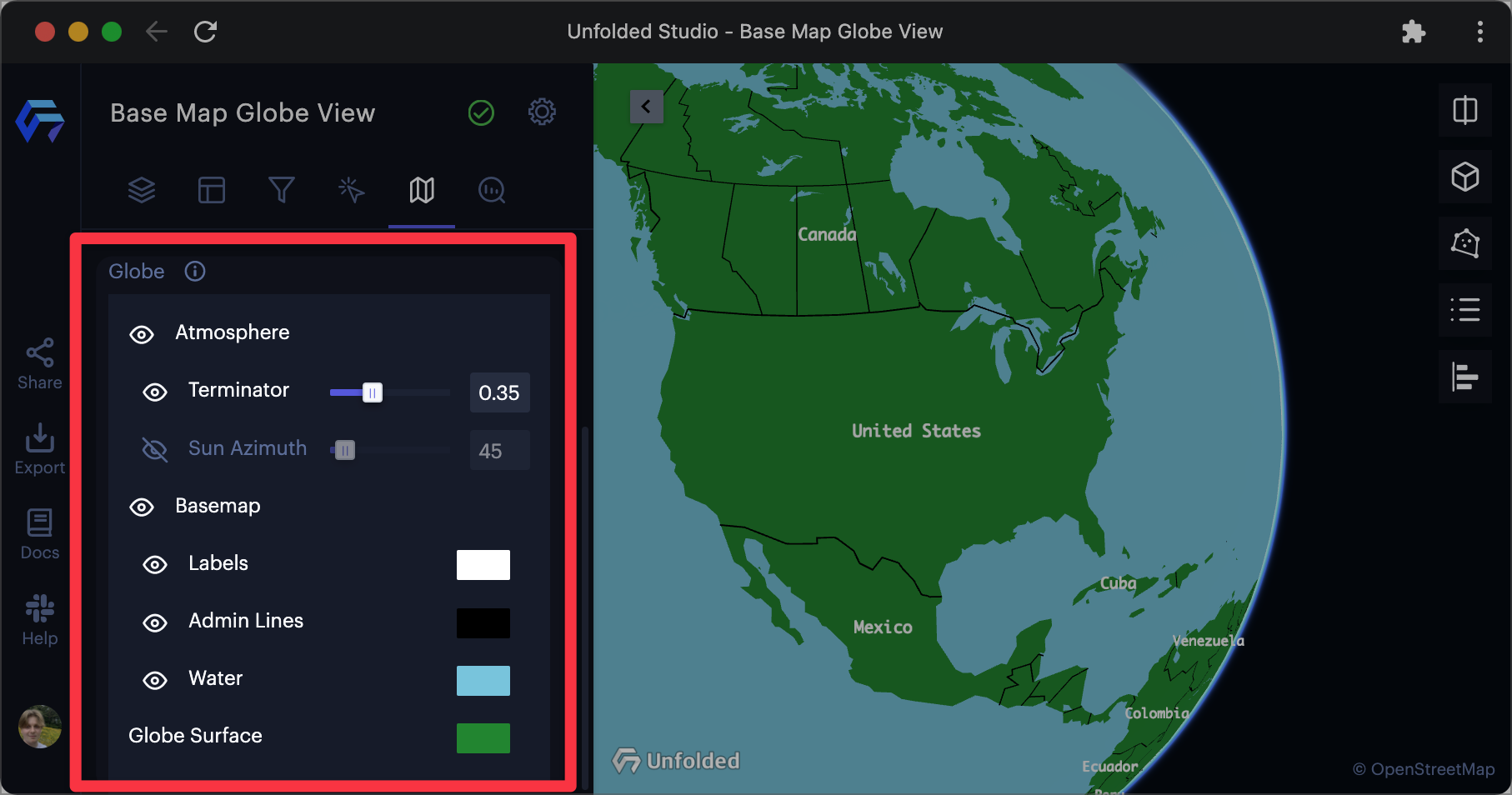 Globe settings in the Base Map tab.