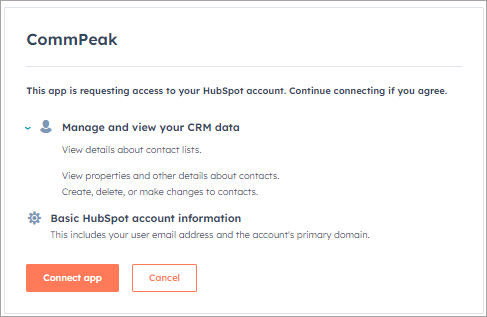 Screenshot of the screen with allowing CommPeak access HubSpot account