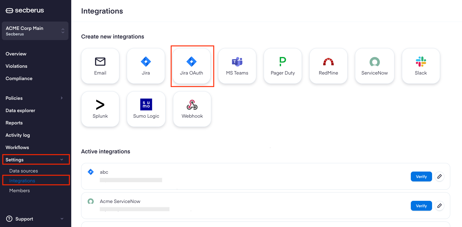 Navigate to 'Settings' -> 'Integrations' and select "Jira OAuth"