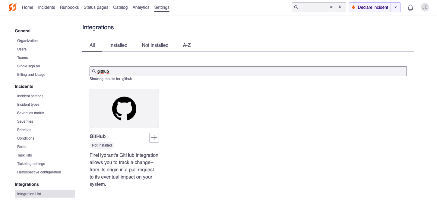 GitHub tile on the integrations page