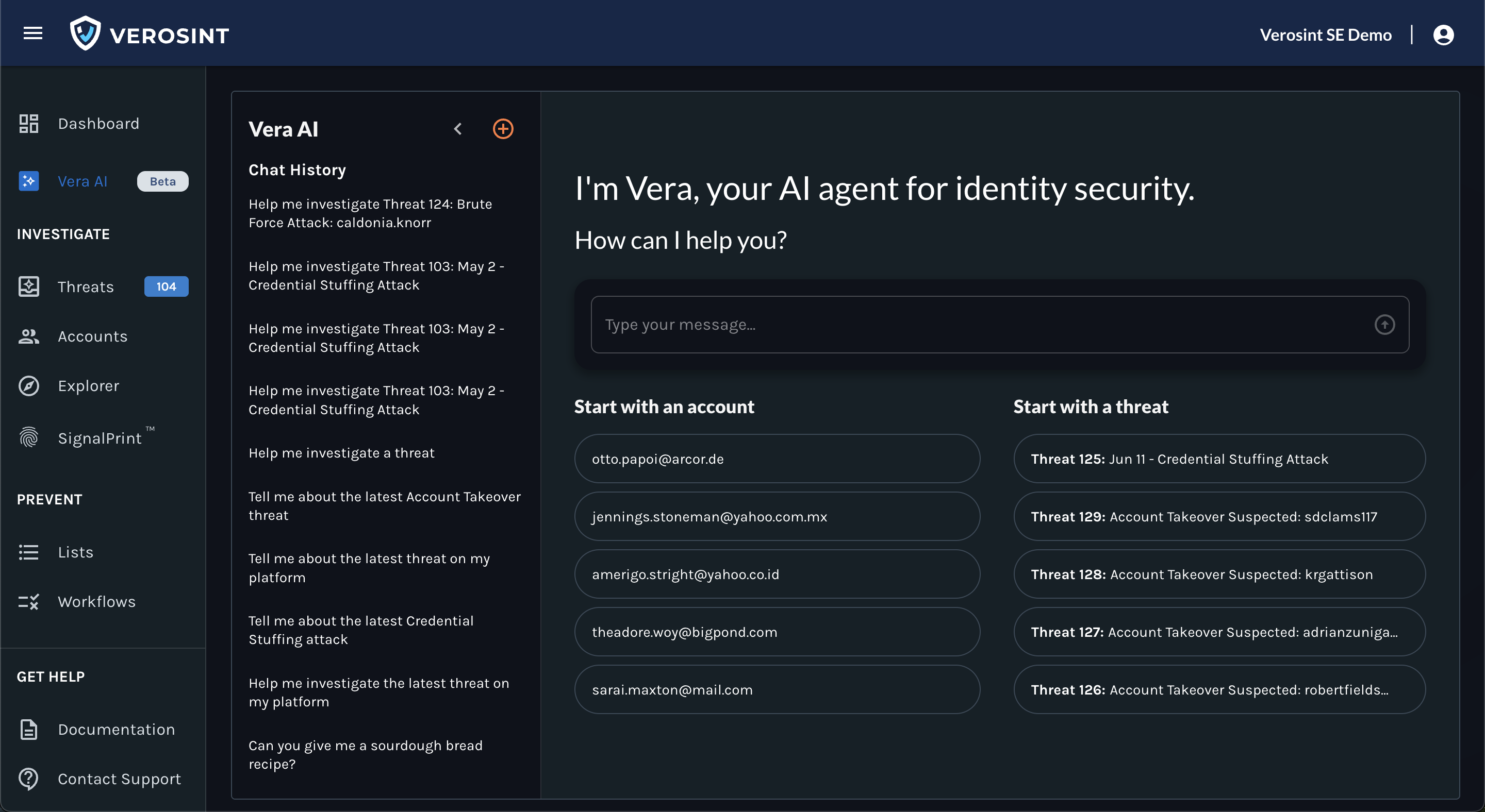 View past conversations with Vera in the Chat History panel