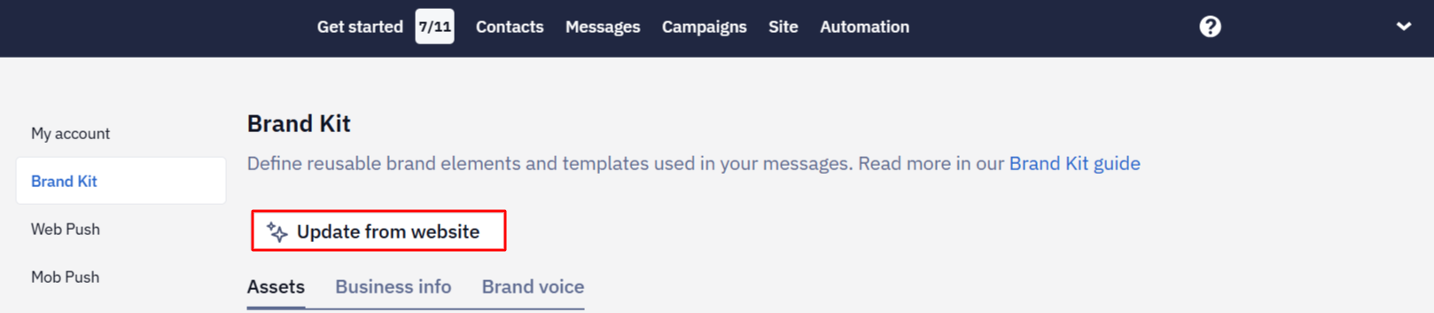 Brand Kit page with the Update from website button highlighted