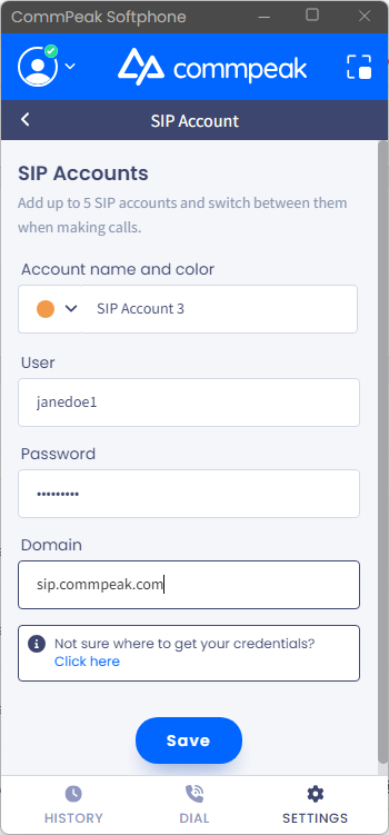 Screenshot of the screen with entering SIP credentials and domain from CommPeak Portal