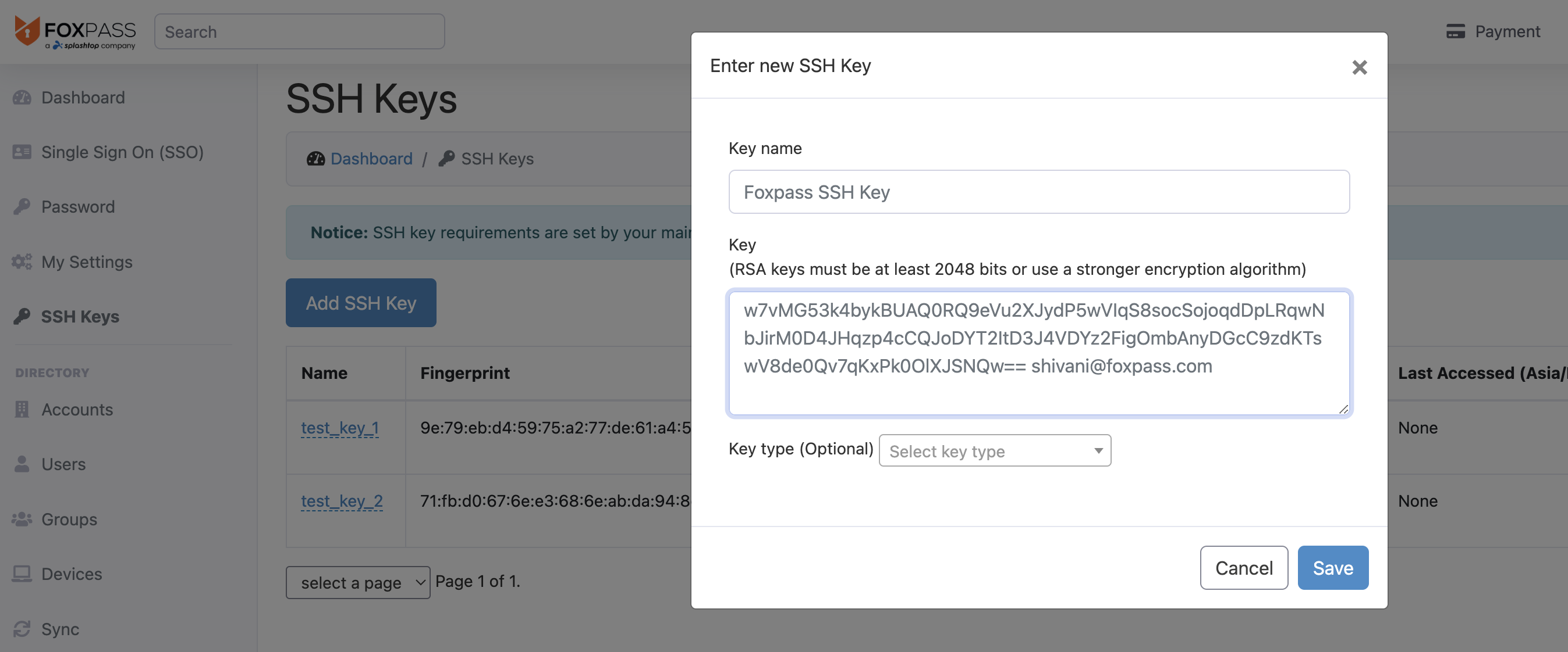 Paste SSH Key into Foxpass