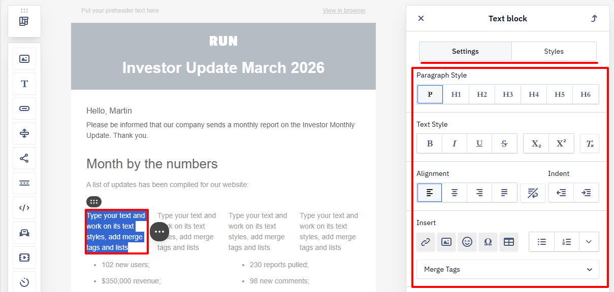 Configuring text in each block